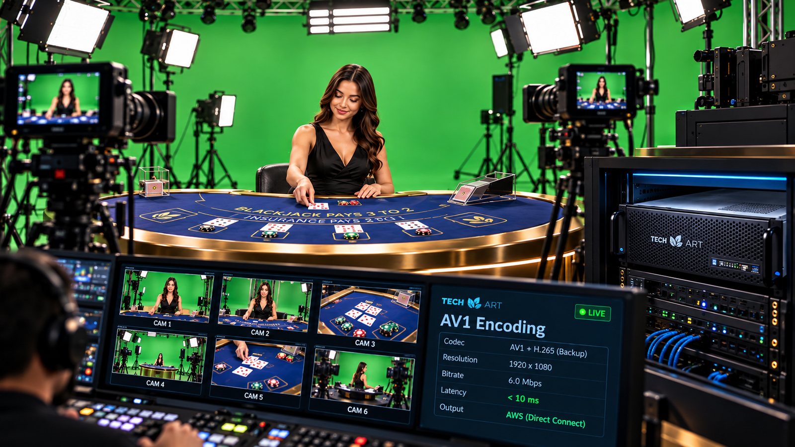 Studio Live Casino pe chroma key cu monitorizare multi-cameră și Tech Art AV1 Encoder