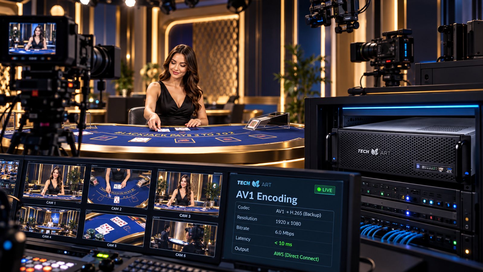 Studio Live Casino Full Studio cu encodare AV1 live și Tech Art AV1 Encoder în rack